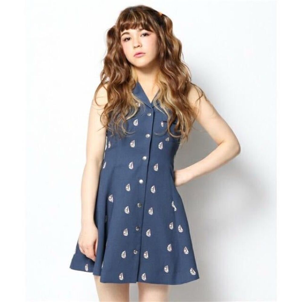 Dazzlin Japan Nautical Sailboat Button Down Sleeveless Suit Shirt Dress US S